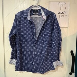 Daniel Hechter Paris Blue White Polka Dot Modern Fit Cotton Button Down Shirt M